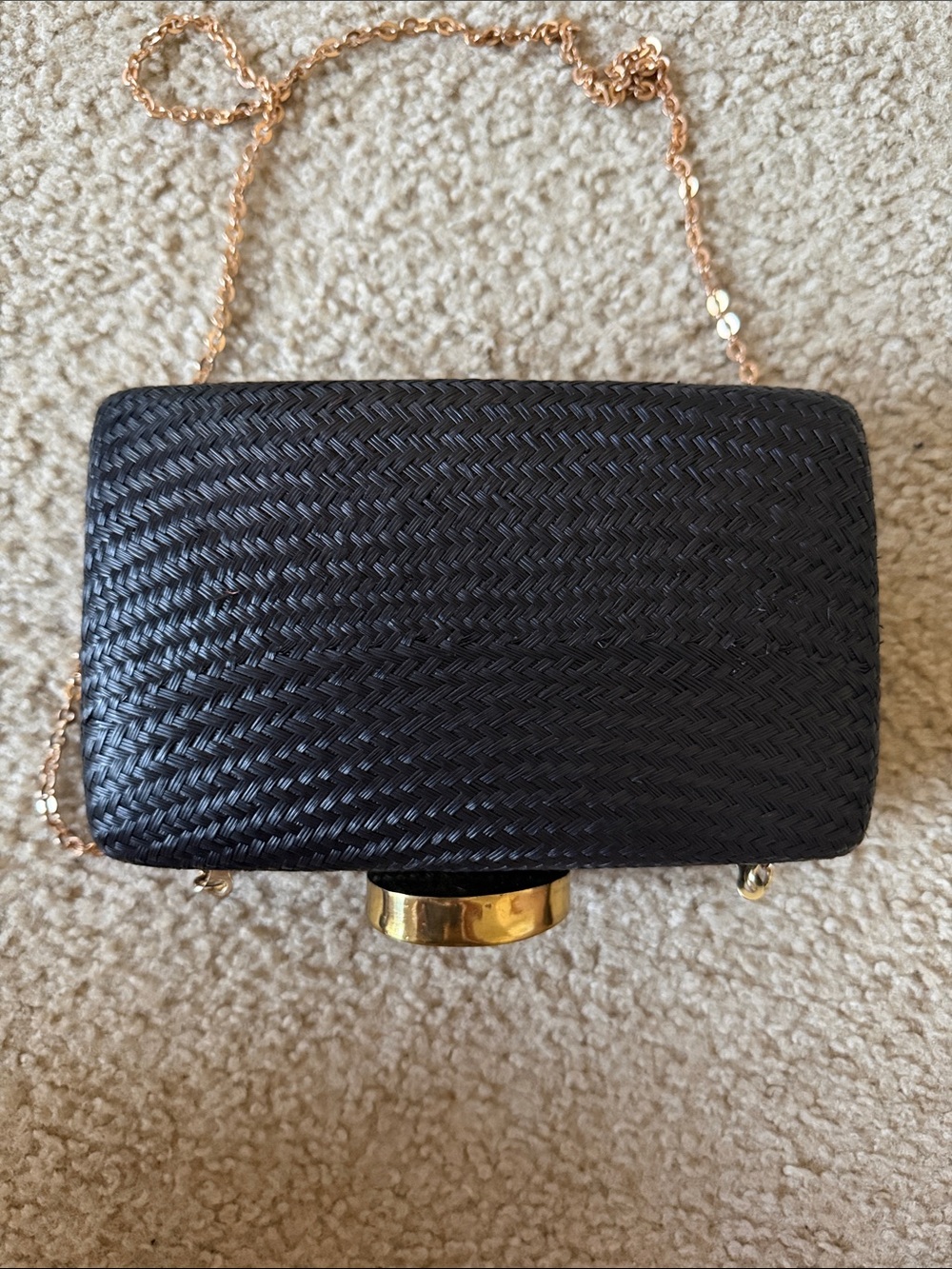 Kayu Woven Black Evening Clutch with Gold Chain Strap - Picture 3 of 7